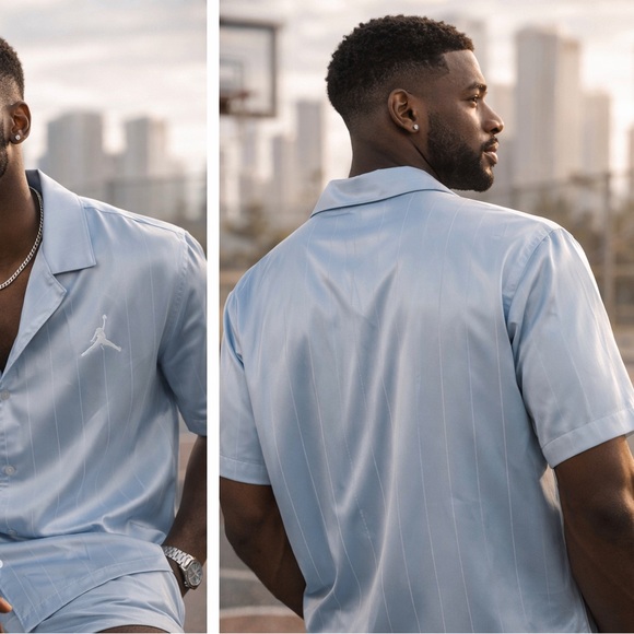 Nike Air Jordan Sky Blue Satin Button-Up Shirt – Men’s L Loose Fit Cuban Collar - Picture 3 of 15
